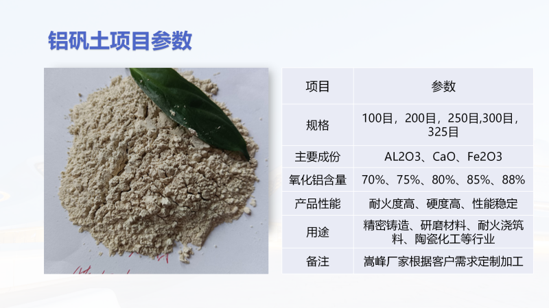 化工催化劑用鋁礬土熟料|高鋁細(xì)粉|骨料|耐火材料|鑄造用鋁礬土廠家項目參數(shù)圖 化工催化劑用鋁礬土熟料|高鋁細(xì)粉|骨料|耐火材料|鑄造用鋁礬土廠家項目參數(shù)圖